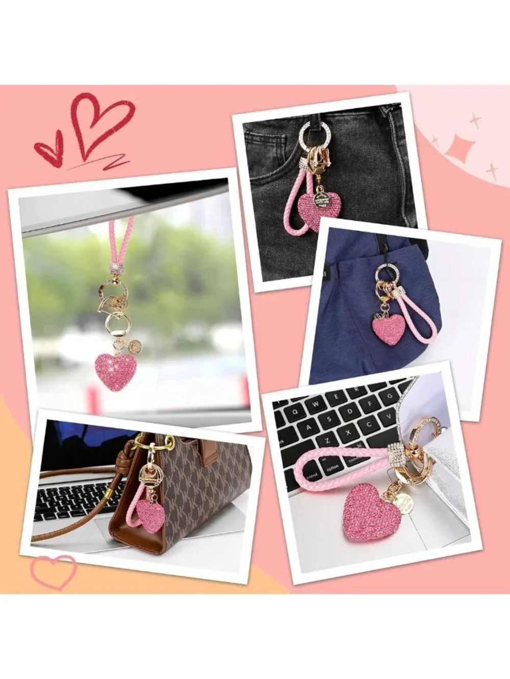 Rhinestone Heart Shape Keychain for Women - Cute Bling Gift for Christmas